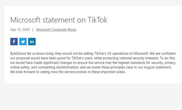 微软声明：字节跳动不会将TikTok美国业务出售给微软