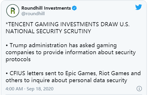Epic和Riot等腾讯投资的游戏公司遭美国政府审查