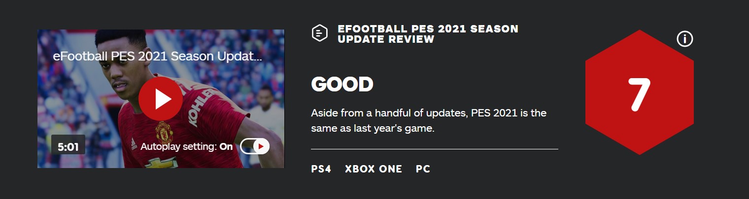 《实况足球2021》IGN 7分：真换皮 更新少 但很诚实