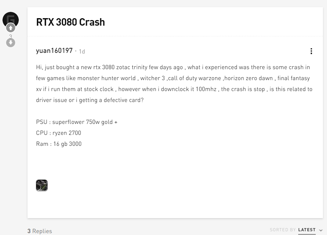 英伟达RTX 3080用户反映：玩游戏时出现崩溃和黑屏