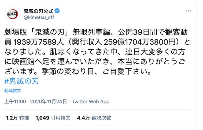 《鬼灭之刃：无限列车篇》票房已达259亿日元，位列日本影史第三插图