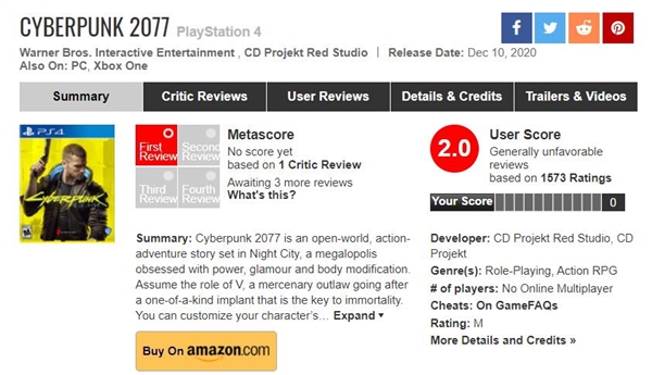 《赛博朋克2077》惨遭Metacrtic玩家低分轰炸